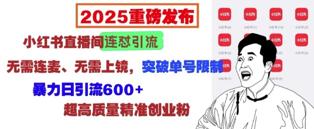 2025重磅发布：小红书直播间连怼引流，无需连麦、无需上镜，突破单号限制，暴力日引流600+-俗人圈网创