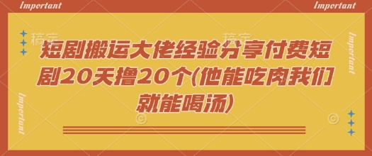 短剧搬运大佬经验分享付费短剧20天撸20个(他能吃肉我们就能喝汤)-俗人圈网创