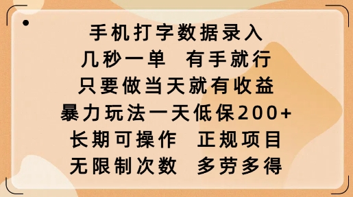 手机打字数据录入,几秒一单,有手就行,只要做当天就有收益,暴力玩法一天低保2张-俗人圈网创