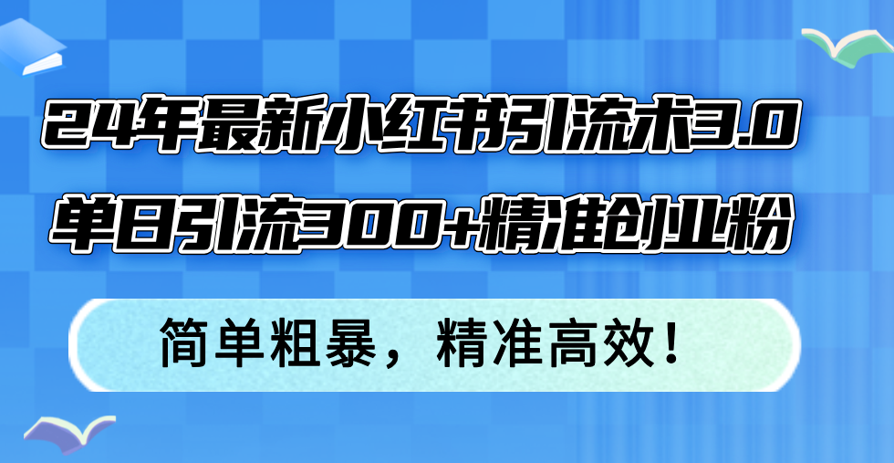 24年最新小红书引流术3.0，单日引流300+精准创业粉，简单粗暴，精准高效！-俗人圈网创