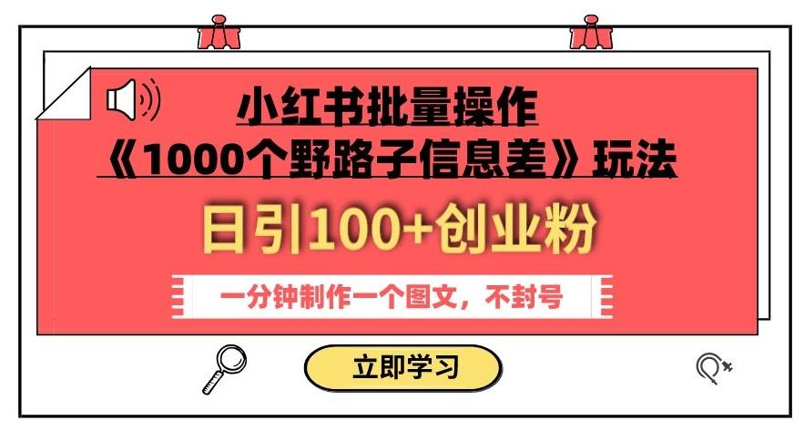 小红书批量操作《1000个野路子信息差》玩法，一分钟制作一个图文，不封号，日引100+创业粉-俗人圈网创