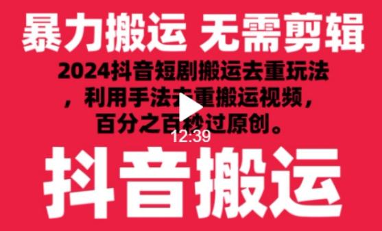 2024最新抖音搬运技术，抖音短剧视频去重，手法搬运，利用工具去重，达到秒过原创的效果【揭秘】-俗人圈网创