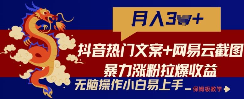抖音热门文案+网易云截图暴力涨粉拉爆收益玩法，小白无脑操作，简单易上手【揭秘】-俗人圈网创